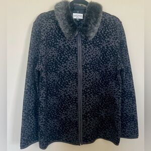 Kasper Lambswool Faux Fur Collar Animal Print Zip Cardigan